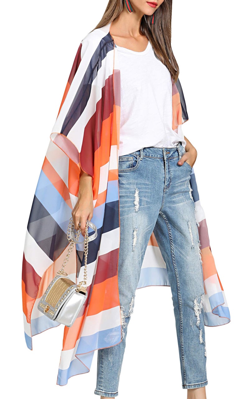 Hibluco Women's Long Floral Kimono Printed Cardigan Sheer Swimsuit Cover Ups - Image 1